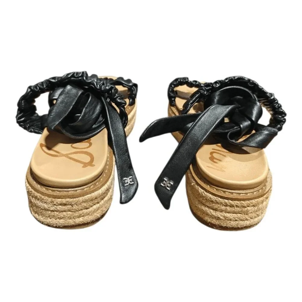 SAM EDELMAN Kerin Black Leather Wraparound Ankle Espadrille Platform Sandals Siz